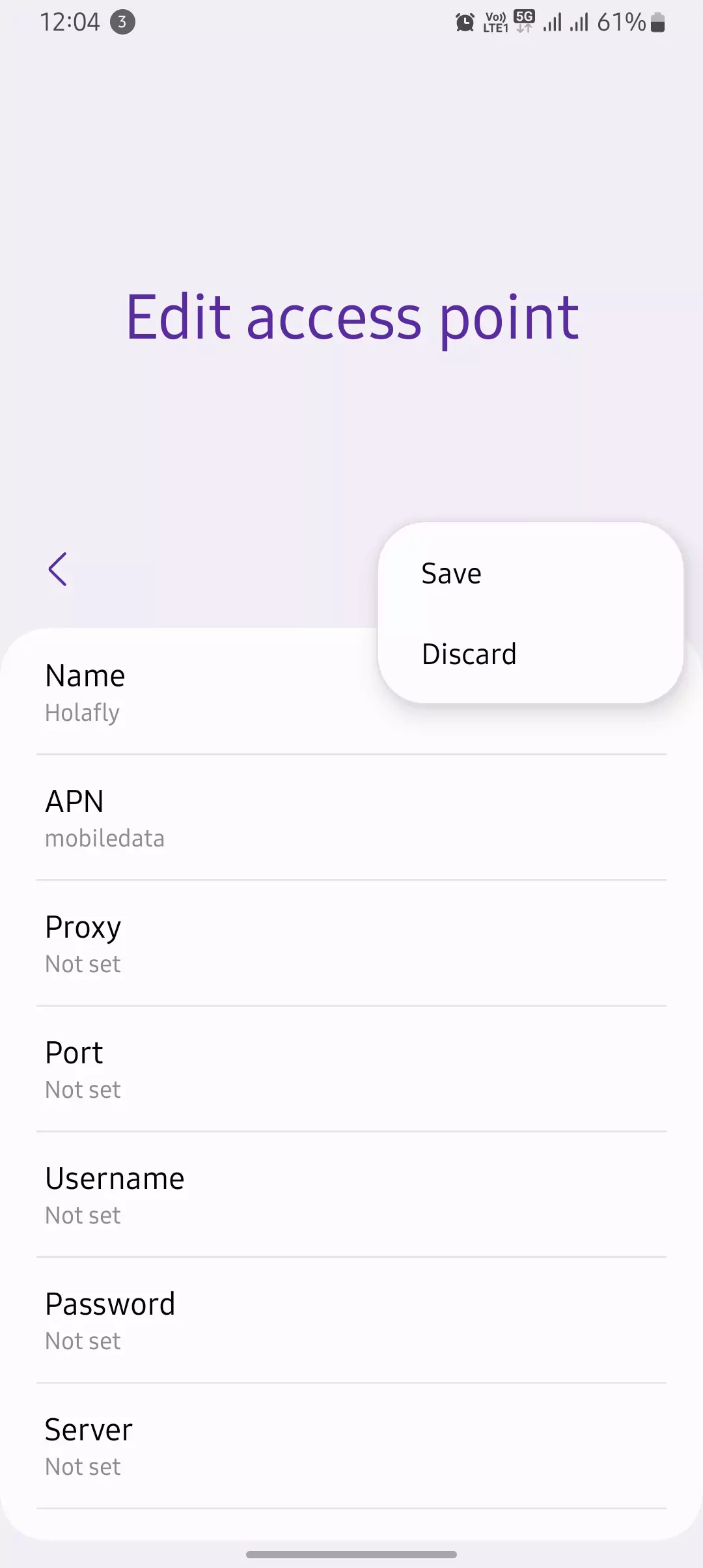 save discard APN for ESIM Holafly