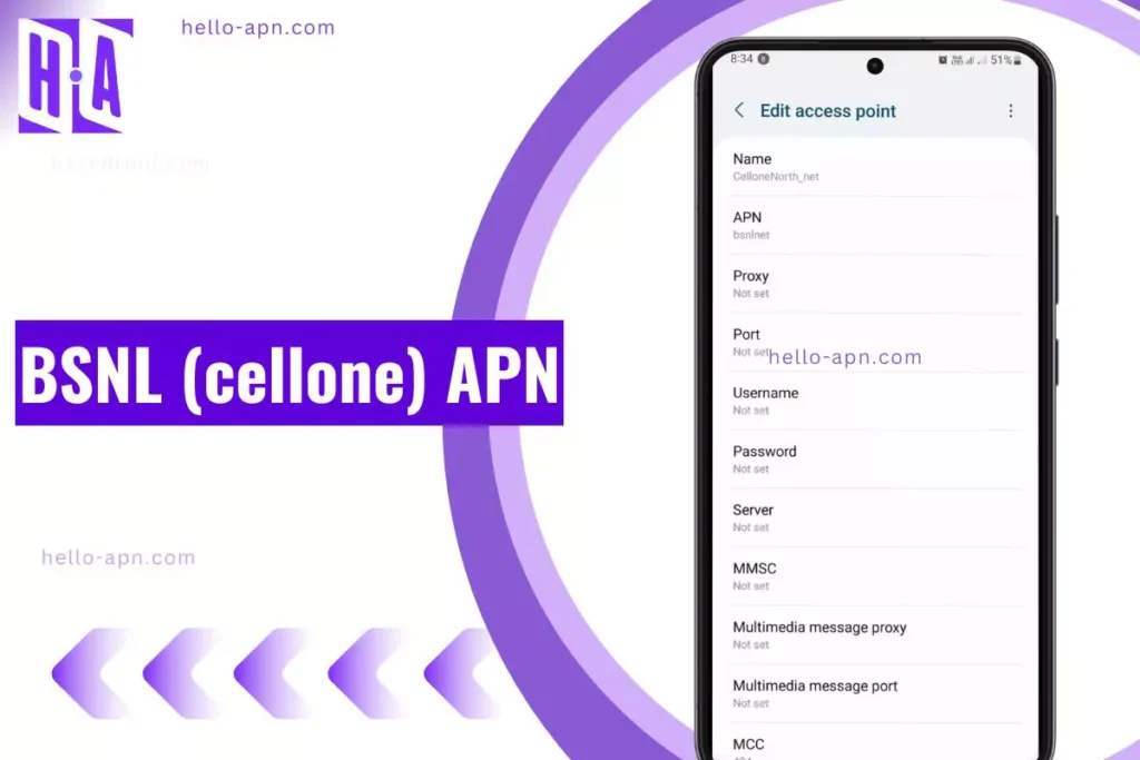 screenshot of the BSNL cellone apn with same overlay text