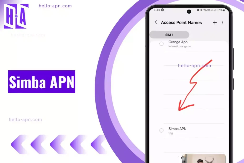 screenshot of the simba apn with same overlay text left