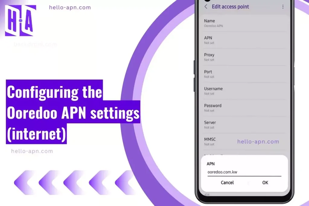 configuring the ooredoo APN with overlay text and screenshot