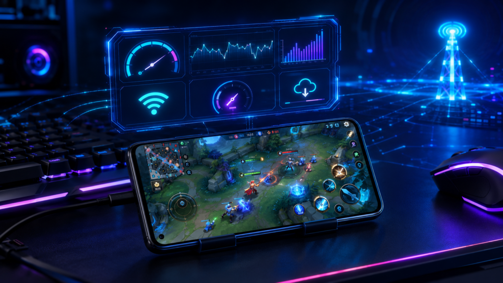 Best APN Settings for 5G Gaming showing a gaming smartphone connected to a high-speed 5G network with low latency and optimized mobile internet performance.