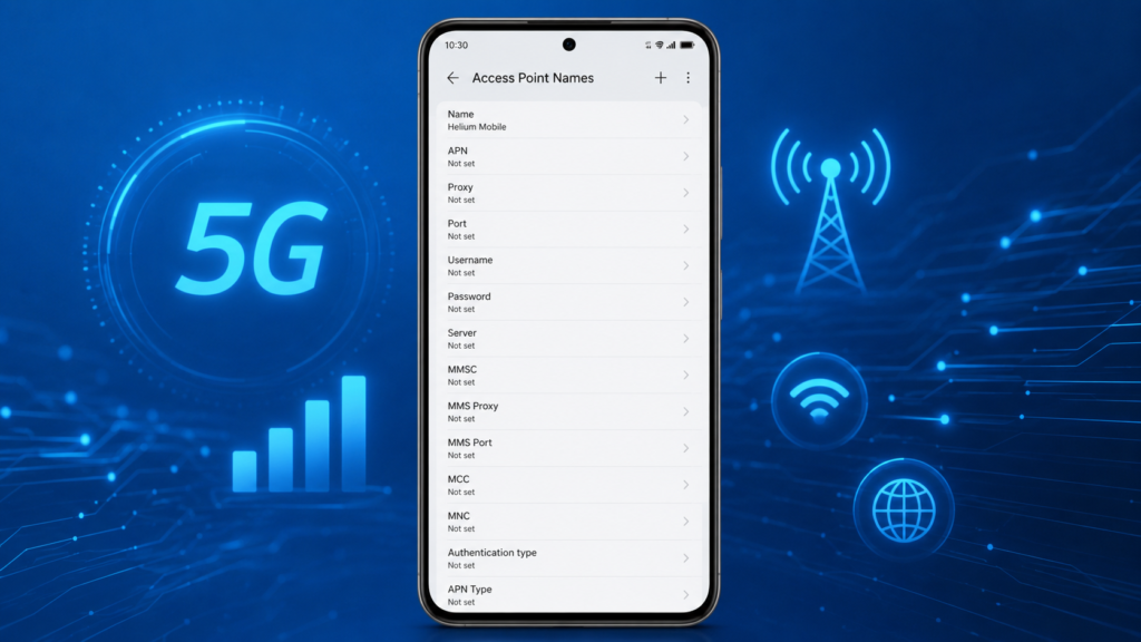 Helium Mobile APN Settings 2026 guide showing APN configuration for Android and iPhone to improve 5G mobile internet speed and connectivity.