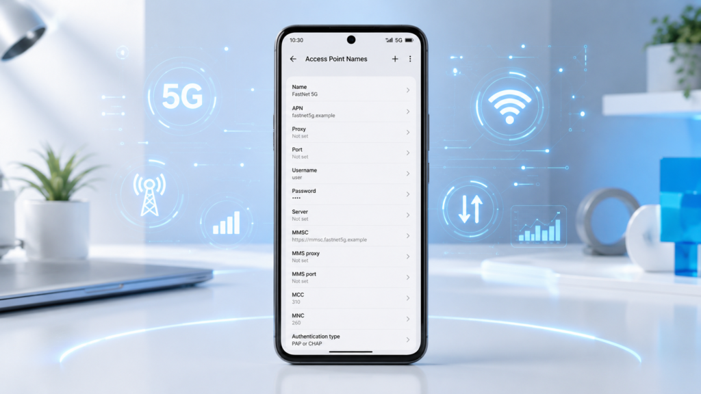 Google Pixel phone displaying APN settings screen for configuring mobile data, 5G internet, and network connectivity.