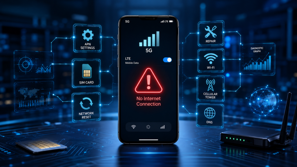 Smartphone showing full 5G mobile signal but no internet connection with troubleshooting icons for APN settings and network repair.