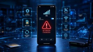 Smartphone showing full 5G mobile signal but no internet connection with troubleshooting icons for APN settings and network repair.